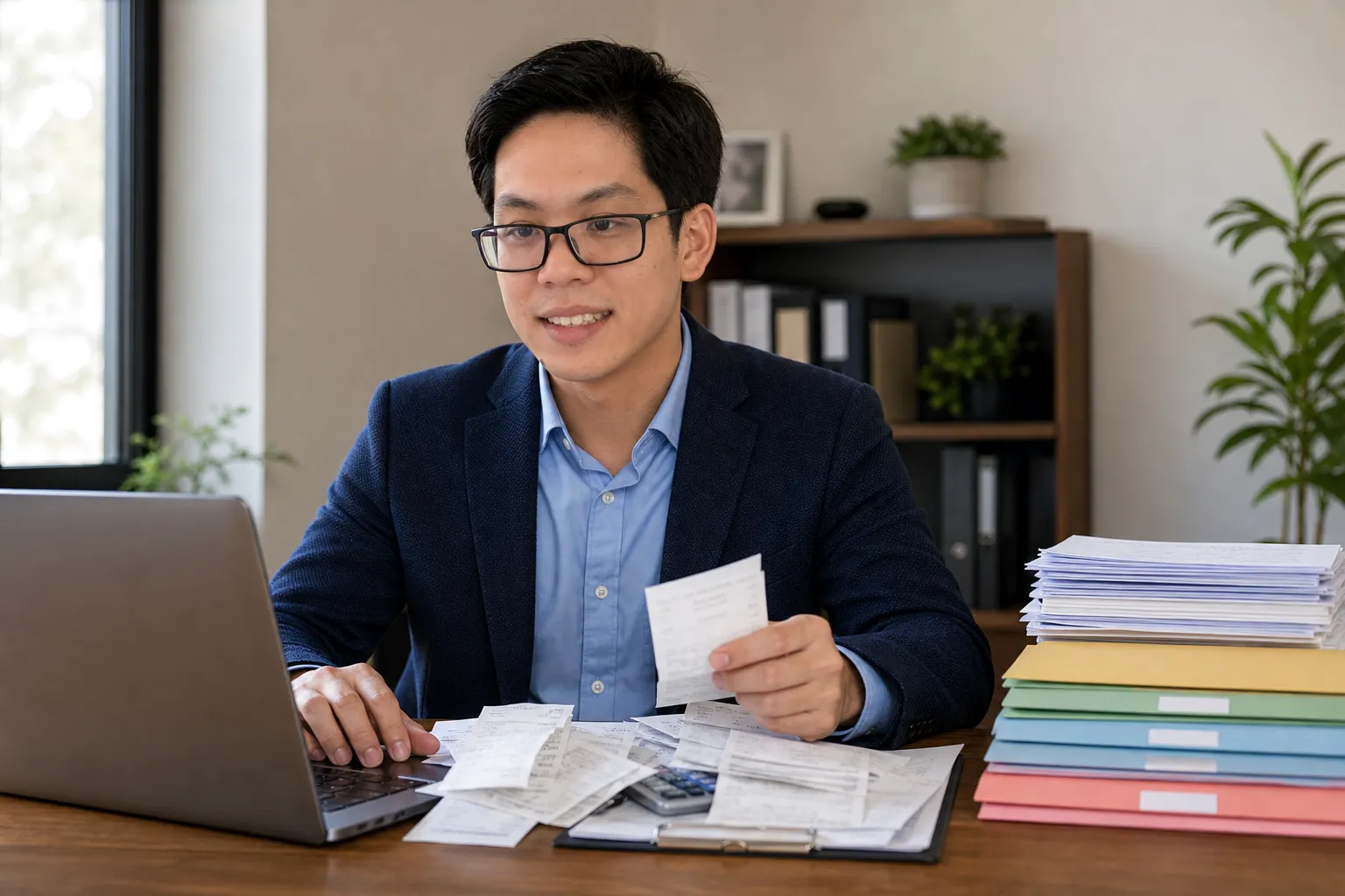 A man in a suit sits at a desk using a laptop, holding receipts, with stacks of documents and folders nearby.