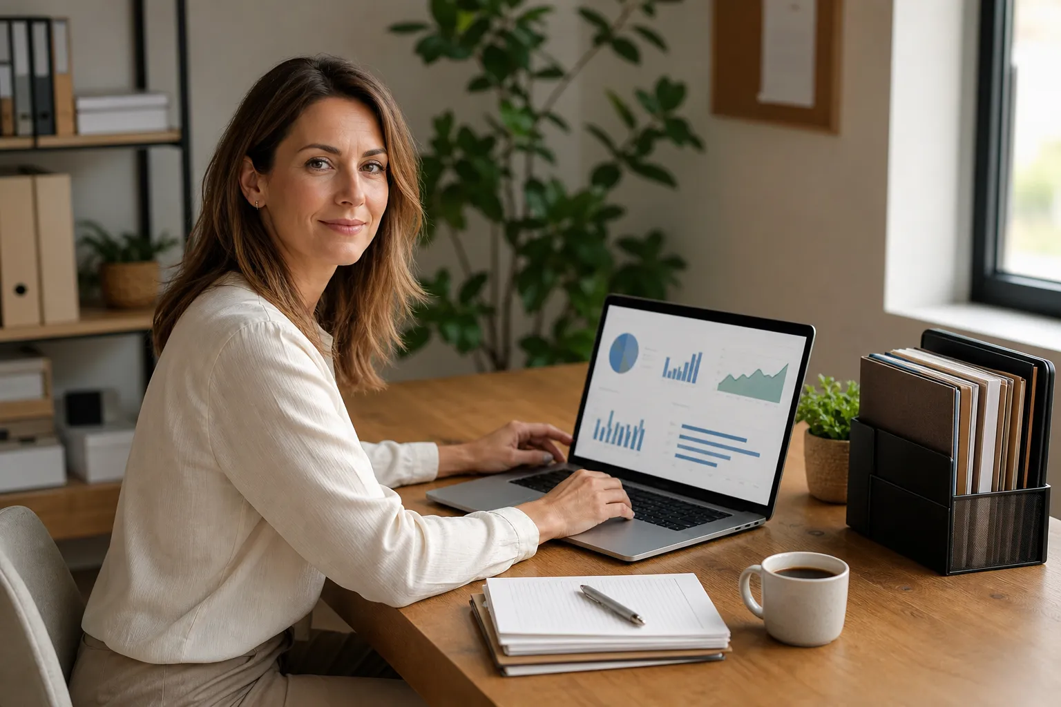 Woman sitting at desk, using a laptop displaying graphs and charts, with a notebook, pen, coffee cup, and office supplies nearby. She is looking at the camera and smiling.