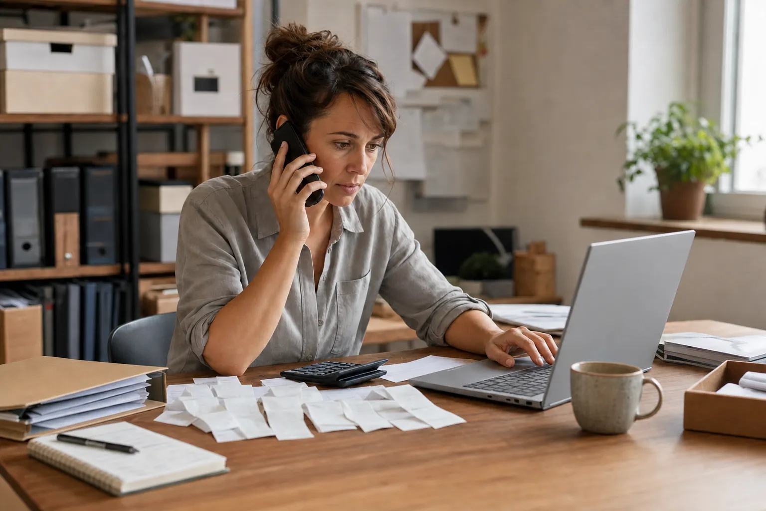 Woman sitting at a desk using a laptop and phone, surrounded by documents, calculator, and receipts in a home office setting.