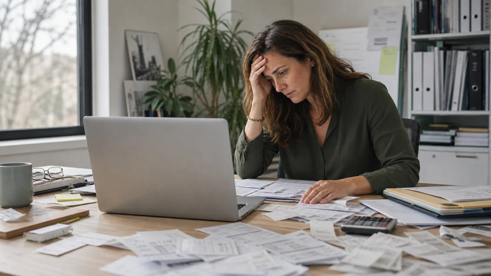 A woman sits at a desk covered in receipts and papers, looking stressed as she works on a laptop, with a calculator nearby and shelves with binders in the background.