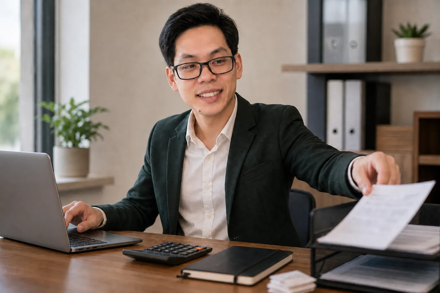 A man in glasses sits at a desk with a laptop and calculator, smiling while organizing papers into a tray.