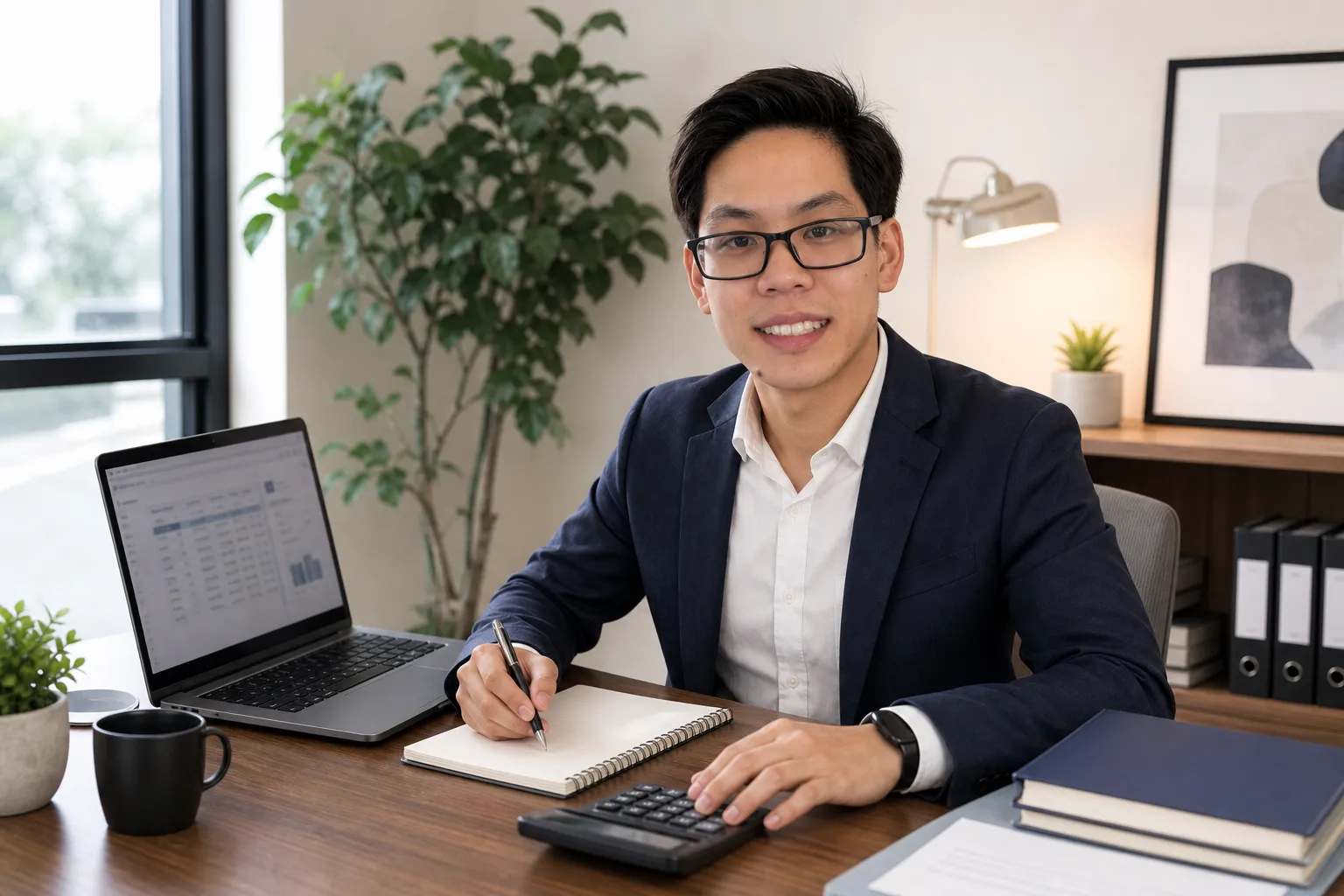 A man in a suit sits at a desk with a laptop, notebook, and calculator, appearing to work in an office setting.